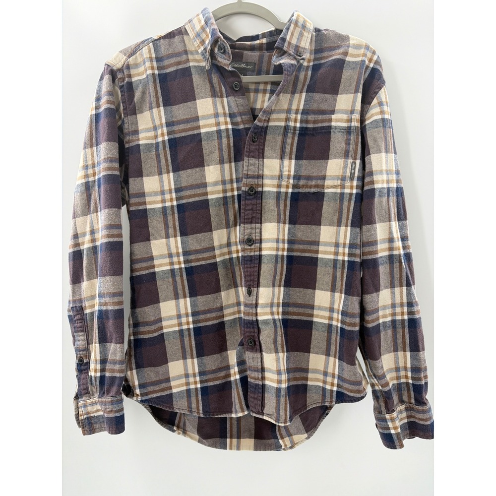 Eddie Bauer Mens Plaid Flannel Button Down Shirt Brown Navy Blue Medium 2127